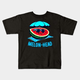 Melon-Head Funny A smiling slice of watermelon on a beach towel with sunglasses Kids T-Shirt